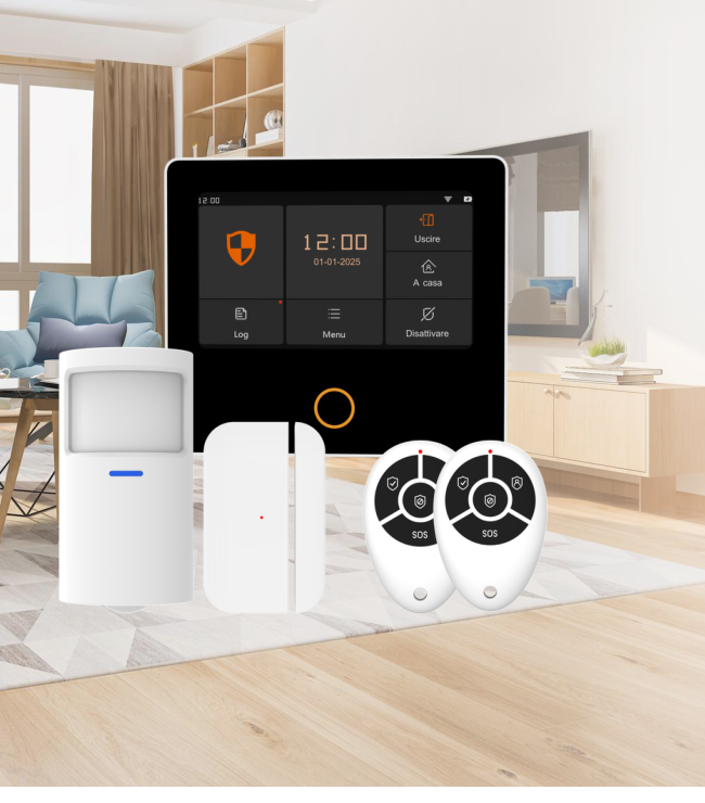 Starter Kit antifurto wireless Axora — centrale, sensori e telecomandi